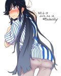  1girl alternate_costume ass black_hair blush dated employee_uniform hair_over_one_eye hair_ribbon hayashimo_(kantai_collection) kantai_collection lawson looking_at_viewer looking_back pants ribbon ru2n131 shirt simple_background solo striped striped_shirt sweatdrop twitter_username uniform vertical_stripes violet_eyes white_background white_ribbon 