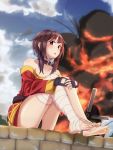  1girl bandaged_leg bandages bare_shoulders barefoot belt brown_hair casino_(pixiv468133) clouds cloudy_sky collar collarbone explosion feet fingerless_gloves gloves highres kono_subarashii_sekai_ni_shukufuku_wo! legs long_sleeves megumin red_eyes short_hair sitting sky soles solo toes windmill 