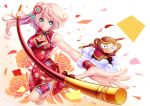  1girl absurdres blue_eyes brown_shoes chinese_clothes cleavage_cutout clouds confetti flower foreshortening hair_ornament highres holding_staff looking_at_viewer monkey mr._j.w original pink_hair shoes side_ponytail smile staff 