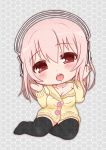  1girl blush breasts chibi cleavage headphones idu_michito large_breasts long_hair looking_at_viewer nitroplus no_pants open_mouth pink_eyes pink_hair red_eyes solo super_sonico thigh-highs 