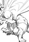  1boy bald cape commentary_request foreshortening glaring gloves jin_(mugenjin) looking_at_viewer monochrome motion_lines muscle no_eyes one-punch_man saitama_(one-punch_man) 