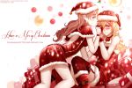  2girls artist_name backless_outfit blush breasts capelet cleavage copyright_name dishwasher1910 embarrassed english garter_straps gift hair_over_one_eye hat highres looking_at_viewer merry_christmas mistletoe multiple_girls neo_(rwby) rwby santa_costume santa_hat smirk thigh-highs wavy_mouth yang_xiao_long yuri 