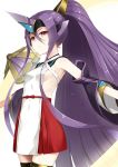  1girl bangs bare_shoulders blazblue blush breasts detached_sleeves headgear high_ponytail highres kamata_yuuya long_hair looking_at_viewer mikado_(blazblue) parted_bangs purple_hair red_eyes sideboob sidelocks skirt small_breasts solo thigh-highs very_long_hair 