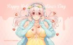  1girl bare_shoulders blush breasts character_name chocolate chocolate_heart cleavage english flower hair_flower hair_ornament happy_valentine head_wreath headphones heart highres large_breasts long_hair looking_at_viewer nitroplus official_art open_mouth pink_hair red_eyes smile solo super_sonico tsuji_santa valentine wallpaper 