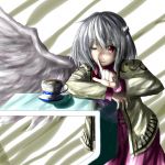  1girl ao-shiba cup finger_to_mouth jacket kishin_sagume one_eye_closed open_clothes open_jacket red_eyes single_wing solo teacup touhou white_hair wings 