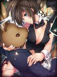  1girl bemani black_bow black_bowtie black_shoes black_shorts black_vest blue_eyes blurry bow bowtie breasts brown_hair buttons card cleavage closed_mouth collarbone depth_of_field detached_collar diagonal_stripes eye_contact falling_card fingernails formal hand_on_another&#039;s_head hand_on_another&#039;s_shoulder jacket large_breasts lens_flare long_fingernails long_hair long_sleeves looking_at_another maru_(sw1tch) midriff navel number profile rabbit shiny shiny_skin shirt shoes shorts smile solo song_name striped striped_background suit text white_shirt wrist_cuffs 