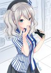  1girl beret blue_eyes blush covering_mouth eating ehoumaki employee_uniform food hat highres kantai_collection kashima_(kantai_collection) lawson looking_at_viewer makizushi name_tag shibi shirt silver_hair solo striped striped_shirt sushi uniform vertical_stripes wavy_hair 