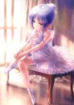  1girl absurdres angel_beats! ballerina ballet_slippers chair goto_p hair_bun highres long_hair silver_hair tachibana_kanade tutu yellow_eyes 