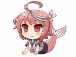  1girl ahoge arm_support chibi fins hair_ornament i-58_(kantai_collection) kantai_collection mermaid monster_girl pink_hair red_eyes school_swimsuit school_uniform serafuku short_hair smile soba_(sobaya1938) solo split_tail swimsuit swimsuit_under_clothes 