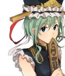  1girl adapted_costume blue_eyes colored green_hair hat hat_ribbon jpeg_artifacts looking_at_viewer ribbon rod_of_remorse shiki_eiki short_hair simple_background sketch sleeveless solo touhou turtleneck tyatya_(tyatya333) upper_body white_background 