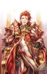  1boy 2016 armor armored_boots blurry boots crossed_legs crown crown_removed dated depth_of_field dr. gloves glowing granblue_fantasy hair_slicked_back looking_at_viewer male_focus palms pants pauldrons percival_(granblue_fantasy) red red_eyes redhead signature sitting solo throne vambraces 