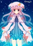 15_(tooka) 1girl bow crescent dress hair_bow hat mob_cap parted_lips patchouli_knowledge purple_hair touhou violet_eyes 