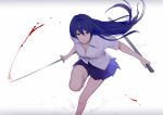  1girl bangs blood bloody_weapon blue_hair bon_nob brown_eyes collarbone fighting katana long_hair looking_at_viewer love_live!_school_idol_project pleated_skirt serious shirt signature skirt solo sonoda_umi sword weapon white_shirt 
