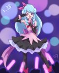  1girl ;d black_gloves black_legwear black_skirt blue_background blue_eyes blue_hair bow chocokin elbow_gloves full_body gloves hair_bow happinesscharge_precure! hosshiwa idol long_hair microphone one_eye_closed open_mouth pantyhose pink_bow pink_shirt precure purple_bow shirt shoes skirt sleeveless sleeveless_shirt smile solo 