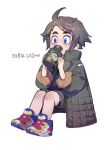  1boy ahoge artist_name black_hair blue_eyes canteen coat drinking gundam gundam_tekketsu_no_orphans invisible_chair korean long_sleeves mikazuki_augus pants pants_rolled_up pigeon666 shoes short_hair shorts simple_background sitting sleeves_rolled_up sneakers solo white_background 