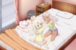  &gt;_&lt; 3girls bare_shoulders barefoot bed bedroom black_hair blush closed_eyes dark_skin fate/kaleid_liner_prisma_illya fate_(series) feet highres illyasviel_von_einzbern incipient_hug incipient_kiss kuro_(fate/kaleid_liner) long_hair miyu_edelfelt multiple_girls o3o on_bed open_mouth pink_hair pushing_away sakunohi_c_moon short_shorts shorts sitting tank_top wariza white_hair yuri 