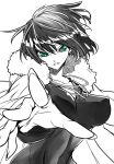  1girl breasts commentary_request covered_nipples foreshortening fubuki_(one-punch_man) fur_coat green_eyes jewelry jin_(mugenjin) large_breasts looking_at_viewer monochrome navel necklace one-punch_man open_clothes short_hair 