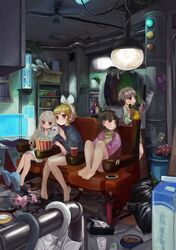  4girls absurdres barefoot brown_eyes brown_hair cat cup feet grey_hair handheld_game_console highres legs long_hair mug multiple_girls original piggy_bank playstation_portable popcorn rubber_duck short_hair slippers smile tagme toes 