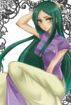  1girl bleach chinese_clothes green_eyes green_hair kiraki leaf long_hair simple_background sitting solo white_background yoshi_(bleach) 