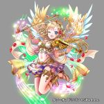  1girl :d anklet blonde_hair blue_eyes blush bow_(instrument) bracelet collar instrument jewelry legs_up musical_note navel one_eye_closed open_mouth original sandals short_hair simple_background skirt smile solo staff_(music) tagme tiara violin wings 