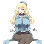  1girl ^_^ atago_(kantai_collection) beret black_gloves black_legwear blonde_hair blush breasts closed_eyes commentary_request flower frilled_sleeves frills fur gloves hat highres kantai_collection lap_pillow large_breasts legs_together long_hair long_sleeves military military_uniform open_mouth pantyhose simple_background sitting smile solo uchiage_cola uniform white_background 