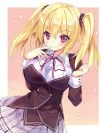  1girl blonde_hair blush breasts finger_to_mouth kibasuke large_breasts long_hair looking_at_viewer nora_to_oujo_to_noraneko_heart patricia_of_end petals ribbon school_uniform skirt smile solo twintails violet_eyes wind 
