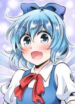  1girl blouse blue_dress blue_eyes blue_hair blush bow cirno dress dress_shirt fang hair_bow ice ice_wings looking_at_viewer mabo-udon open_mouth puffy_short_sleeves puffy_sleeves red_bow red_ribbon ribbon shirt short_hair short_sleeves smile solo touhou white_blouse white_shirt wings 