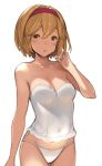  1girl :o arm_up ass_visible_through_thighs backlighting blonde_hair blush breasts brown_eyes bustier cleavage collarbone covered_navel cowboy_shot djeeta_(granblue_fantasy) granblue_fantasy hair_intakes hairband hanarito highres looking_at_viewer panties short_hair simple_background solo standing thigh_gap underwear white_background white_panties 