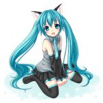  1girl animal_ears aqua_eyes aqua_hair cat_ears detached_sleeves fang full_body hatsune_miku highres kotobuki0101 loafers long_hair looking_at_viewer necktie open_mouth shoes sitting skirt solo thigh-highs twintails very_long_hair vocaloid wariza 