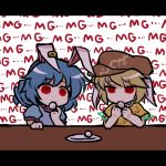  2girls animal_ears beret blonde_hair blue_hair dango eating empty_eyes food hat lowres multiple_girls pote_(ptkan) rabbit_ears red_eyes ringo_(touhou) seiran_(touhou) touhou wagashi 