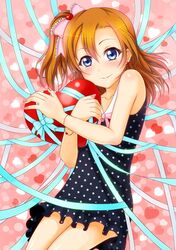  1girl blue_eyes heart hiro9779 kousaka_honoka looking_at_viewer love_live!_school_idol_project one_side_up orange_hair polka_dot short_hair smile solo valentine 