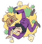  1boy anger_vein angry black_hair buck_teeth cat facial_hair fight_cloud fighting formal heart heart_in_mouth iyami loose_socks male_focus mustache osomatsu-kun osomatsu-san purple_suit simple_background socks suit white_background 