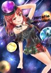  1girl absurdres bare_shoulders chain clothes_writing collar earth_(ornament) hat hecatia_lapislazuli highres moon_(ornament) nazuna_stella red_eyes redhead shirt skirt smile solo t-shirt touhou 