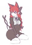  1girl animal_ears bangs blunt_bangs blush bow braid breasts cat_ears cat_tail dress extra_ears hair_bow kaenbyou_rin long_hair long_sleeves miata_(pixiv) multiple_tails pointy_ears red_eyes redhead short_dress simple_background sitting sketch solo tail touhou twin_braids underbust wariza white_background 
