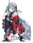  1girl absurdres aqua_gloves arknights bangs bare_shoulders boots chinese_commentary cravat detached_sleeves dress gloves high_heel_boots high_heels highres infection_monitor_(arknights) long_hair red_dress red_eyes silver_hair skadi_(arknights) skadi_the_corrupting_heart_(arknights) solo thigh_strap very_long_hair zhishihua 