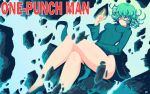  1girl absurdres bare_hips bare_legs breasts collar curly_hair debris dress expressionless flats floating_rock highres hips levitation long_sleeves looking_at_viewer messy_hair no_panties one-punch_man pelvic_curtain revealing_clothes rock rubble ruins short_hair side_slit small_breasts solo tatsumaki telekinesis thighs 