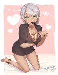  1girl barefoot breasts chocolate cleavage dark_skin food_in_mouth highres looking_at_viewer mouth_hold on_bed original short_hair silver_hair smile solo type-alpha valentine 