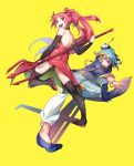  absurdres black_legwear blue_eyes blue_hair detached_sleeves devil_horns halloween_costume highres mahou_shoujo_madoka_magica miki_sayaka panties pantyshot pg_(pgouwoderen) pitchfork red_eyes redhead sakura_kyouko thigh-highs underwear yellow_background 