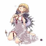  1girl arm_behind_back assassin_(granblue_fantasy) barefoot blonde_hair brown_eyes cape chan_co dagger djeeta_(granblue_fantasy) dress granblue_fantasy hair_over_one_eye kneeling knife knife_to_throat open_mouth saliva short_hair solo thigh_strap weapon white_background white_dress 