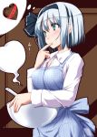  1girl apron blush bowl brown_background chocolate chocolate_heart finger_in_mouth full-face_blush green_eyes hairband heart highres hitodama konpaku_youmu konpaku_youmu_(ghost) long_sleeves nori_tamago plaid plaid_apron ribbon shirt short_hair silver_hair solo text thinking touhou 