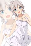  1girl anastasia_(idolmaster) blue_eyes blush dress hitotsuki_nanoka idolmaster idolmaster_cinderella_girls jewelry necklace open_mouth short_hair short_twintails silver_hair smile solo twintails zoom_layer 