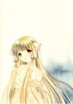  1girl back_cover bangs blonde_hair brown_eyes chii chobits cover cover_page crossed_arms doujin_cover hair_tubes houruri long_hair looking_at_viewer official_style robot_ears sidelocks solo traditional_media undressing very_long_hair watercolor_(medium) 
