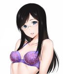  1girl akira_(natsumemo) bangs black_hair blue_eyes bra breasts floral_print glasses long_hair looking_at_viewer open_mouth original purple_bra rimless_glasses simple_background small_breasts smile solo swept_bangs underwear upper_body white_background 