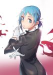  1girl absurdres blue_eyes blue_hair formal from_behind gloves highres looking_at_viewer looking_back mahou_shoujo_madoka_magica miki_sayaka pg_(pgouwoderen) short_hair short_ponytail simple_background sketch solo suit white_gloves 