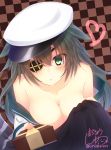  1girl :o absurdres bare_shoulders blush box breasts checkered checkered_background cleavage collarbone eyebrows eyebrows_visible_through_hair eyepatch eyes_visible_through_hair gift gift_box green_eyes hair_between_eyes hat heart highres holding_gift kantai_collection kiso_(kantai_collection) long_hair looking_at_viewer loose_shirt no_bra off_shoulder peaked_cap shadow shirt signature solo tail_ein upper_body valentine 