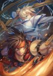  2boys back-to-back blonde_hair blue_eyes brown_hair capelet electricity fire forehead_protector gears guilty_gear guilty_gear_xrd highres ky_kiske long_hair male_focus mkd78236 multiple_boys muscle ponytail sol_badguy 