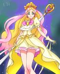  1girl blonde_hair blue_background bow brooch chocokin cowboy_shot crown cure_flora earrings expressionless gloves go!_princess_precure grand_princess_(go!_princess_precure) green_eyes haruno_haruka jewelry long_hair magical_girl multicolored_hair pink_bow pink_hair precure puffy_sleeves skirt solo staff streaked_hair two-tone_hair yellow_gloves yellow_skirt 
