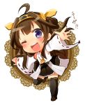  ahoge aya_(421ura) boots brown_hair chibi detached_sleeves full_body hairband headgear highres kantai_collection kongou_(kantai_collection) nontraditional_miko one_eye_closed open_mouth ribbon-trimmed_sleeves ribbon_trim smile thigh-highs thigh_boots translation_request violet_eyes winged_hairband 