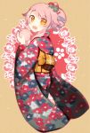  1girl ameshizuku_natsuki blush fang floral_print hair_flaps japanese_clothes kimono looking_at_viewer obi open_mouth original pink_hair sash short_hair smile solo yellow_eyes yukata 
