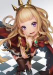  1girl blonde_hair brown_legwear cagliostro_(granblue_fantasy) cape checkered checkered_floor crown granblue_fantasy hand_on_own_knee index_finger_raised long_hair looking_at_viewer misaka_(05) smile solo thigh-highs violet_eyes 